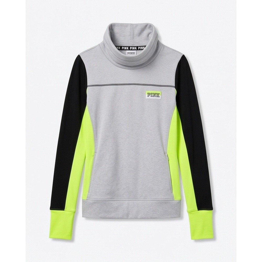 PINK Victoria's Secret M Ultimate Cowl Neck Pullover Gray Neon Green Black Med